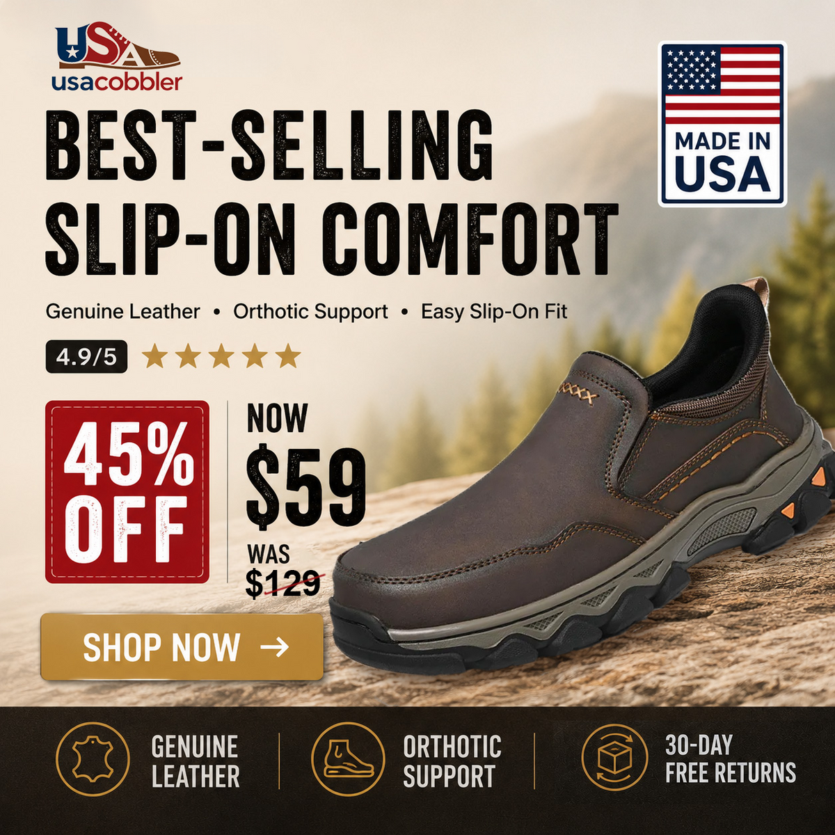 ⏰Last Day!45% OFF 🔥Men's Genuine Leather Slip-On Walking Shoes - Easy On, Comfortable All Day