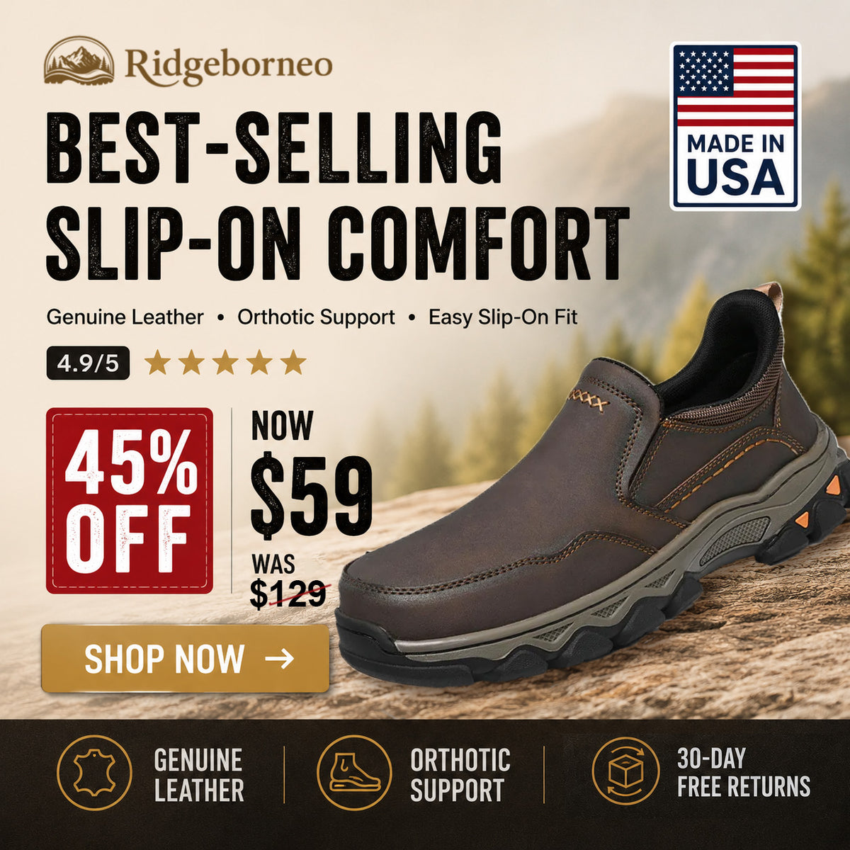 ⏰Last Day!45% OFF 🔥Men's Genuine Leather Slip-On Walking Shoes - Easy On, Comfortable All Day